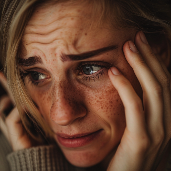 A closeup shot of a woman crying while talking on the phone | Source: Midjourney