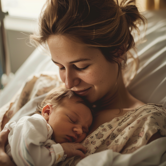 A mother holding her newborn baby girl in a hospital room | Source: Midjourney