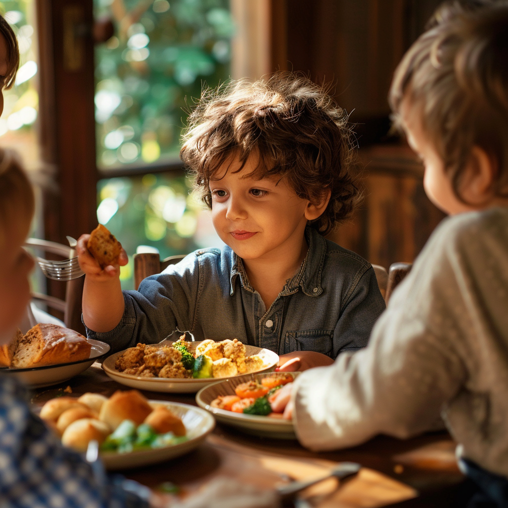 Boy sharing food with his siblings | Source: Midjourney