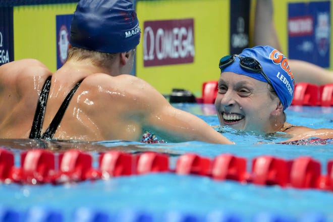 Katie Ledecky (right) celebrates with Paige Madden after finishing first and second respectively in the 400 freestyle final June 15, 2024, during the U.S. Olympic Team Swimming Trials at Lucas Oil Stadium in Indianapolis.