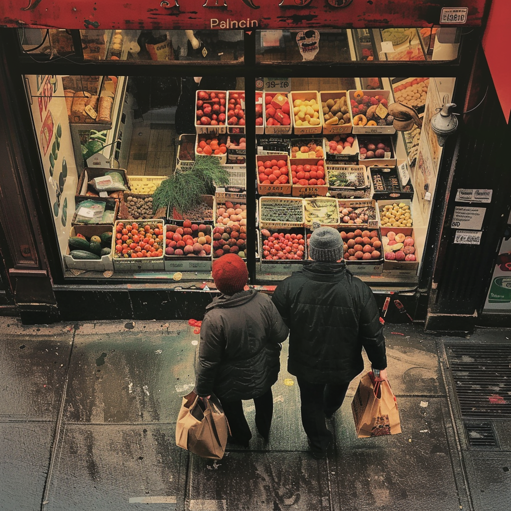 A couple standing outside a store | Source: Midjourney