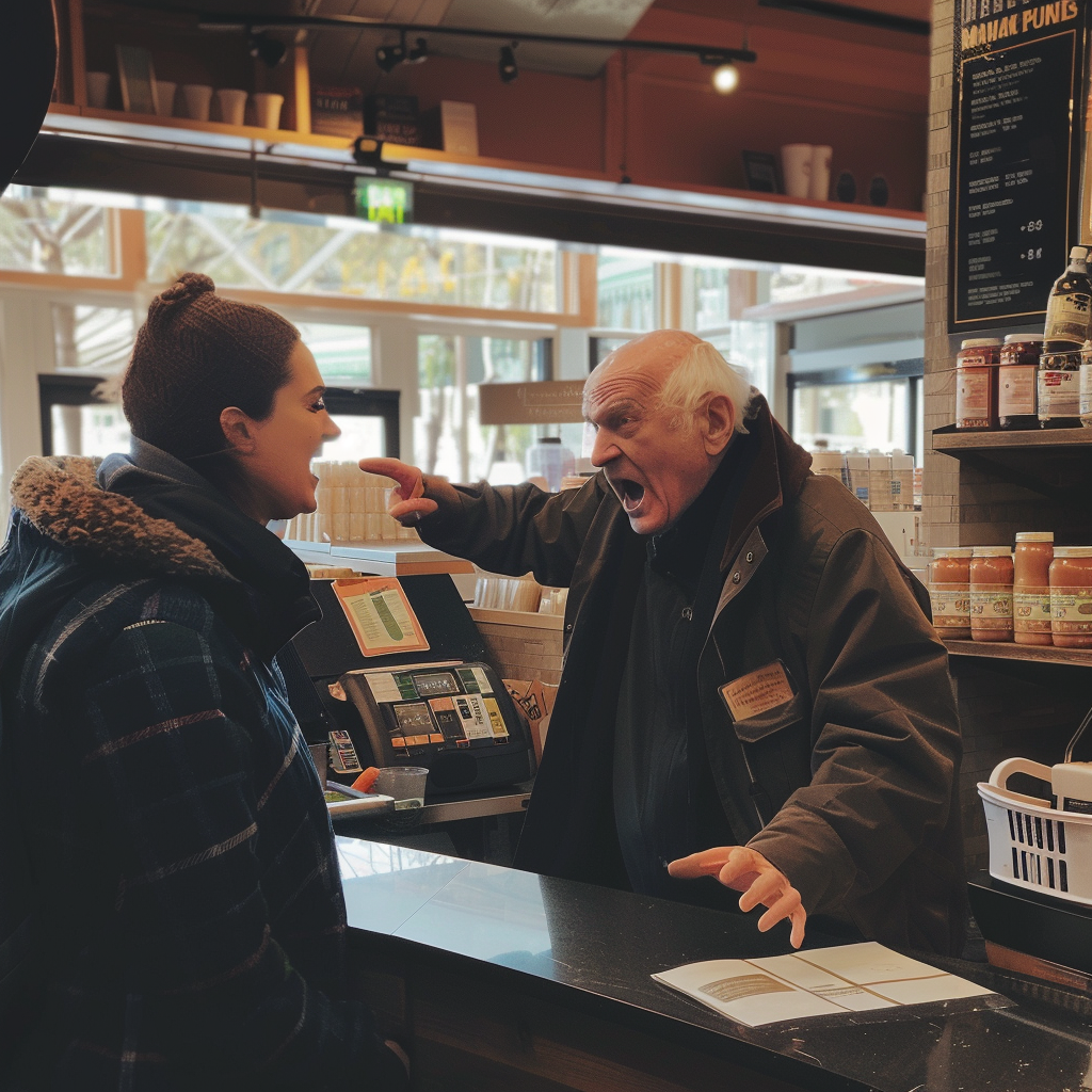 Rachel trying to calm an angry customer | Source: Midjourney