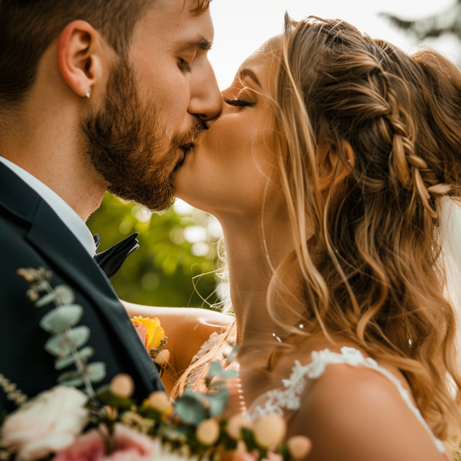 A closeup shot of a bride and groom kissing | Source: Midjourney