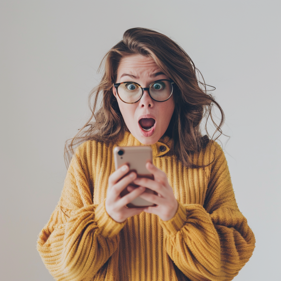 A shocked woman looking at something on her phone | Source: Midjourney