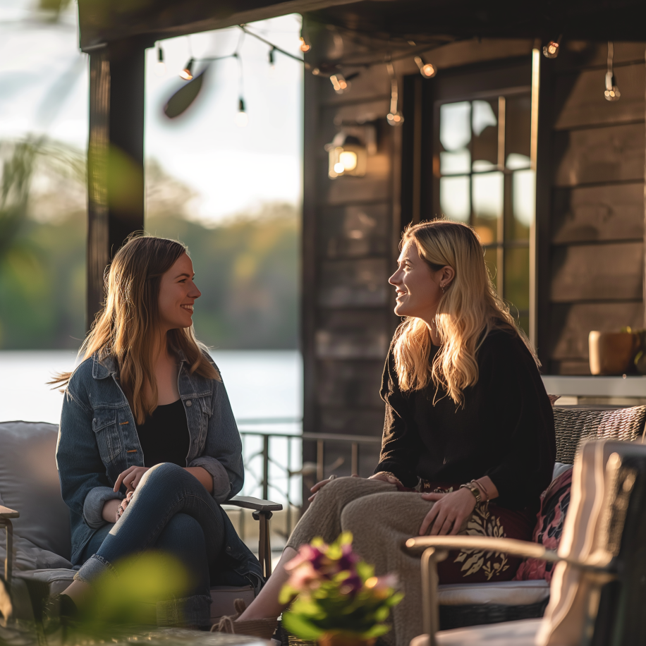 Two women sitting outside their lake house and chatting | Source: Midjourney