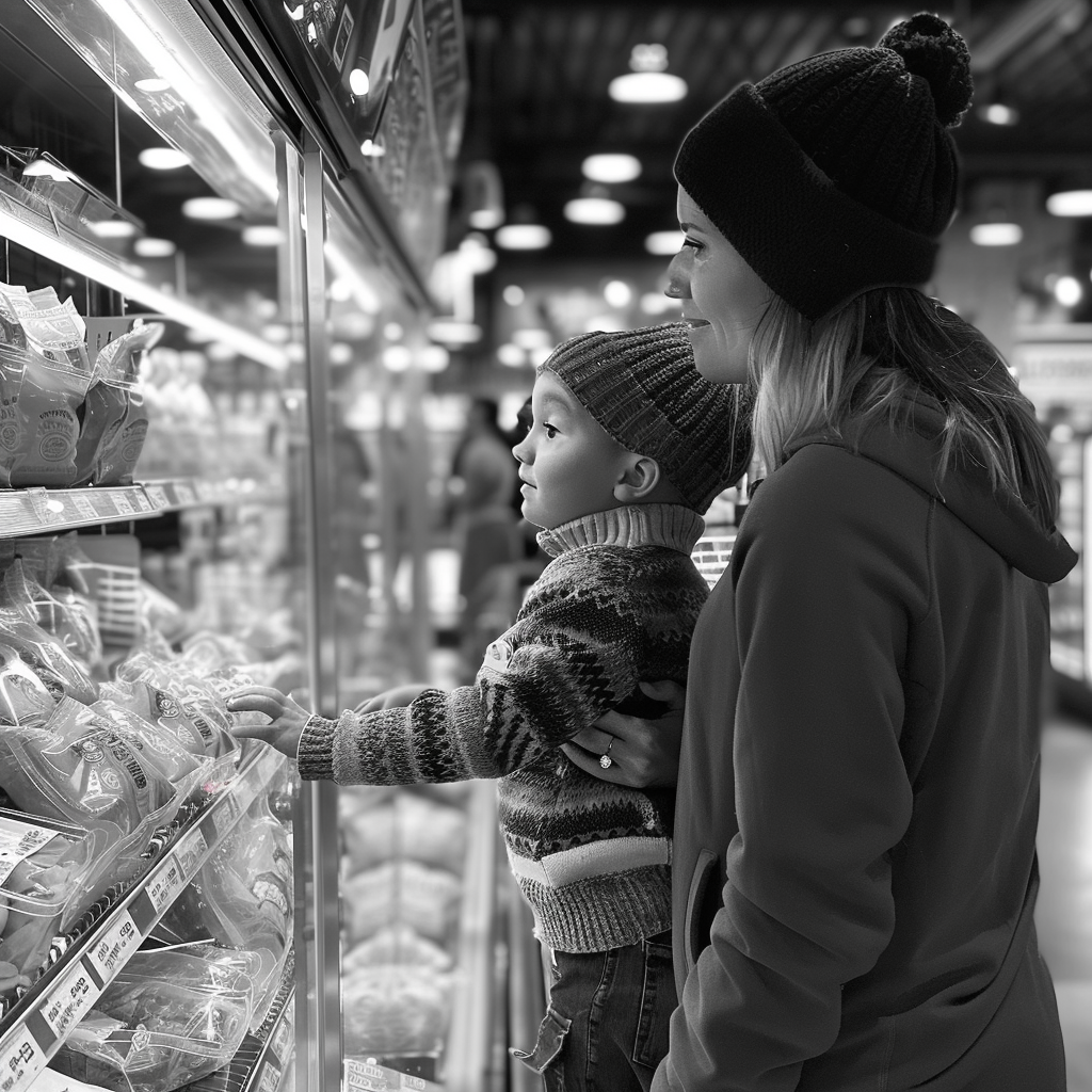 William and his mom in the supermarket | Source: Midjourney